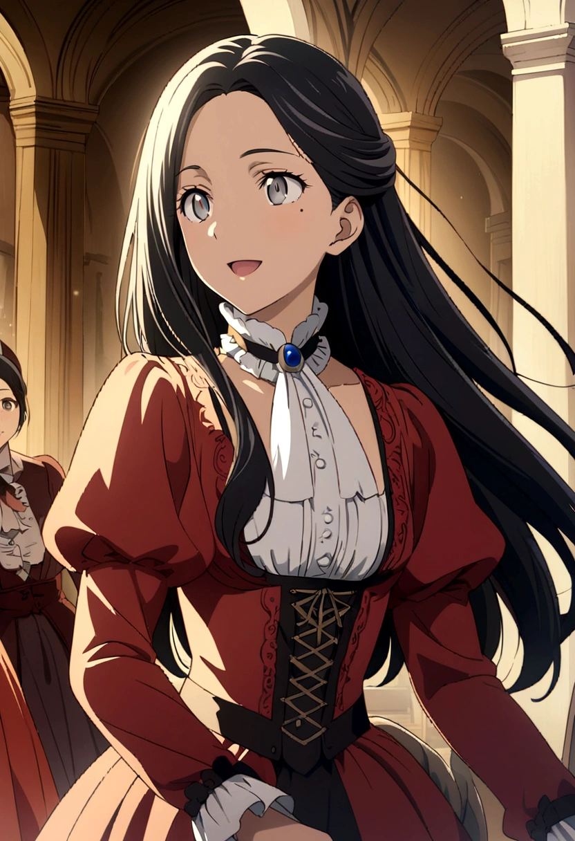 Victorian era in Europe, Women, perfect anime illustration, beautiful, happy, elegante y amable Women, light brown skin, sincere eyes, grey eyes, long hair, straight hair, black hair, wears red Victorian clothing, mole on one side of the eye, Best Quality, Masterpiece