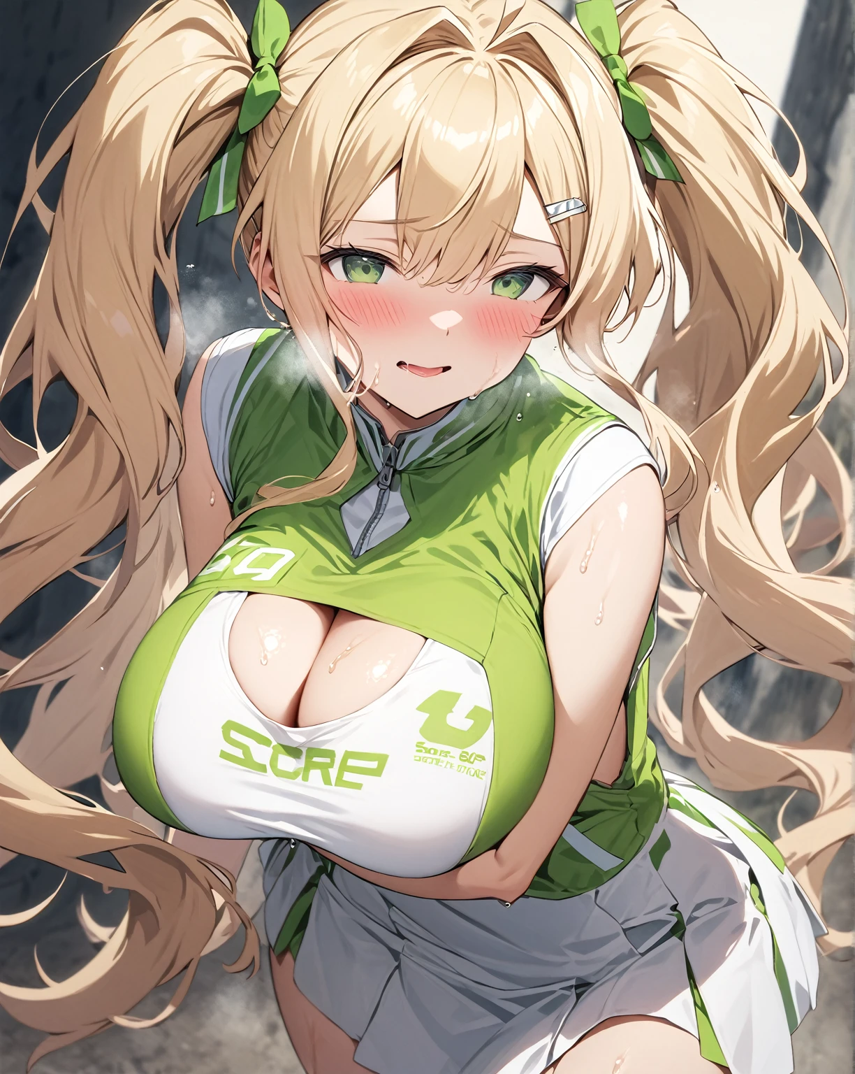 (((score_9, score_8_up, score_7_up,
1girl,solo,long hair,blonde hair,green eyes,ahoge,white hairpin,hair intakes,bow,hairclip,twintail hair,))),((Perfect body,))((Super beautiful,))((High quality,)),(Heavy breathing,saliva,blush, sweat, Sweaty and wet all over,Steam,)((iyojima anzu, blond hair,green eye,))((gigantic breast)),((Perfect body,))((Super beautiful,))((High quality,))((Cheerleader costume,pom pon,)),pov,Looking at Viewer,looking shyly smile,nipple,half open eyes,