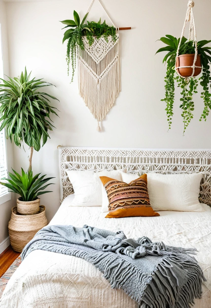 Cozy boho bedroom oasis with macramé wall hangings and lush plants, home bedroom refresh
