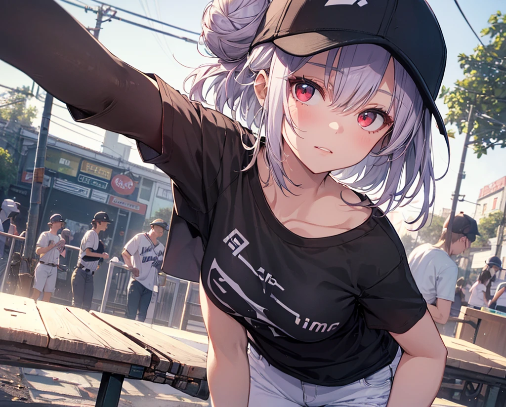 (Close-up:1.3),Realistic,Highest quality, Super detailed, High-quality CG rendering, The most delicate and beautiful, Floating softly, High resolution, (1 girl), (Highest quality,4K,8K,masterpiece:1.2), Light purple hair,(Hair in a bun:1.5),Red eyes,(Pure white oversized short sleeve T-shirt:1.3),(Black skinny jeans:1.3),(Pure white baseball cap:1.3),In the city,old buildings,