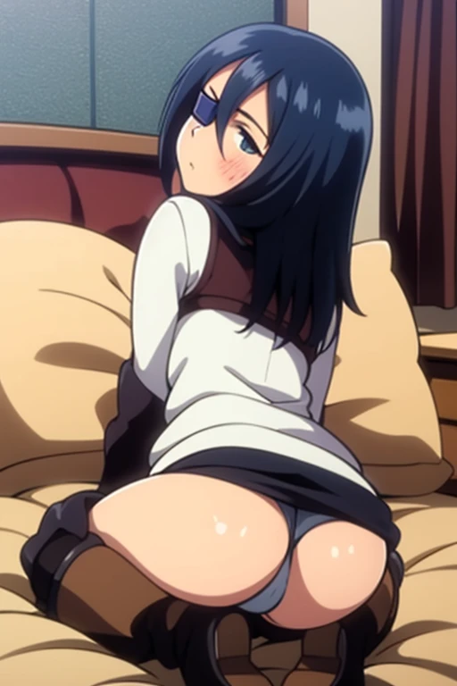 tennis girl's massive rear butt cheeks out of bottomless slutty mini sweater out bare and sexy boots, showing her butt, lying down, on bed, wearing oven mittens under big pillow, blindfold