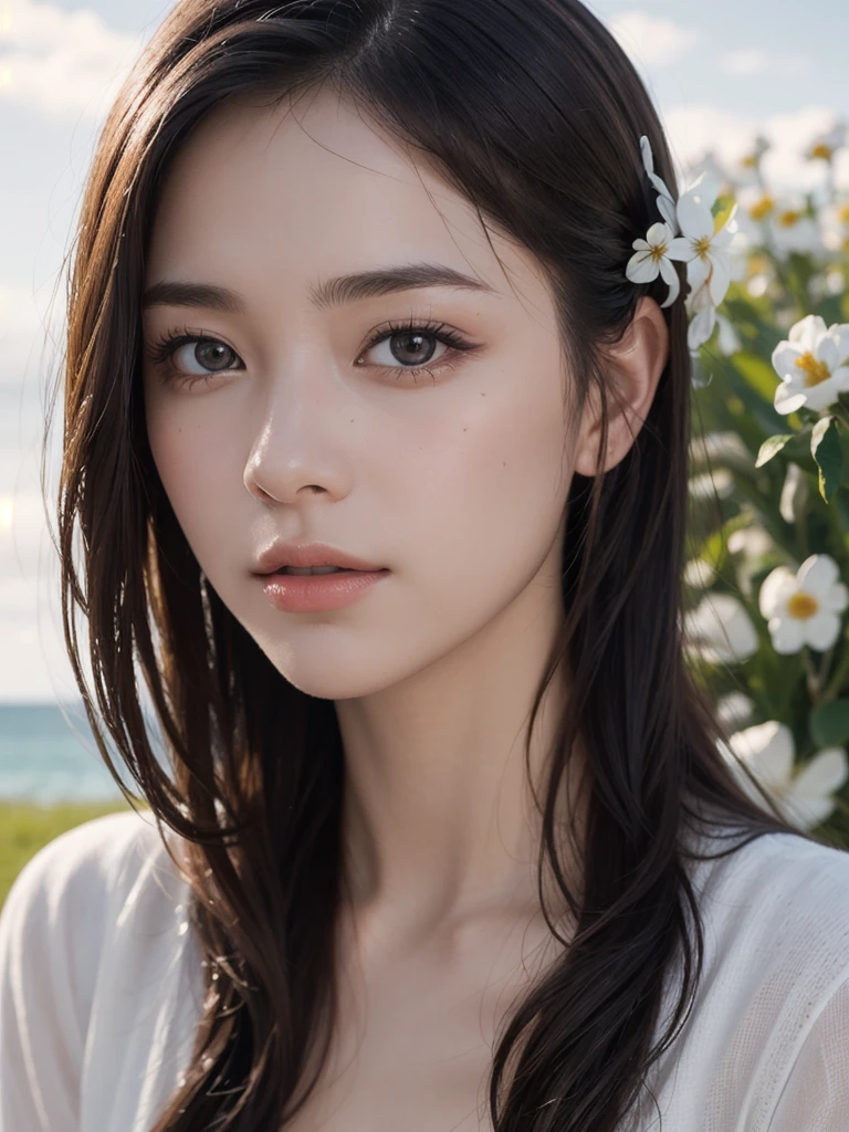 ((pure beauty:0.8, ultra-realistic:1.2)), caucasian flesh:1.2, bright eyes:1.1), light contrast and hue:1.1, high surface:1.1, image quality:ultra hd:1.ortrait, high nose bridge, dynamic angle, clouds and sea, field of flowers in the foreground, light tracking, lifelike, informal art, unity 8k, masterpiece，best quality, gleaming skin, cinmatic lighting,