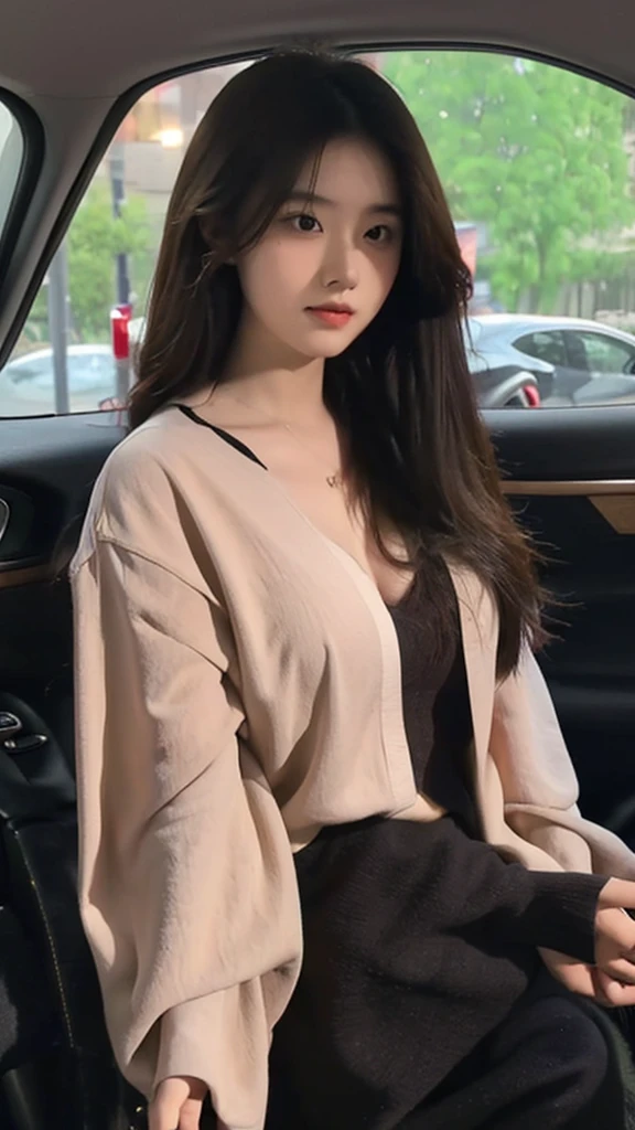 Draw a picture of a rather plump young Asian woman with long, wavy, dark brown hair. She wore a black face mask and a brown blouse that showed a little cleavage. This woman was standing next to the car with the door closed but the car window open, looking down slightly with one hand leaning on the door and the other hand holding the cell phone. point of view (angle) This photo is from inside the car, showing a view from the side of the car door towards the woman. The background is nighttime with dim lighting, and there is some graffiti or mural on the wall behind the woman.