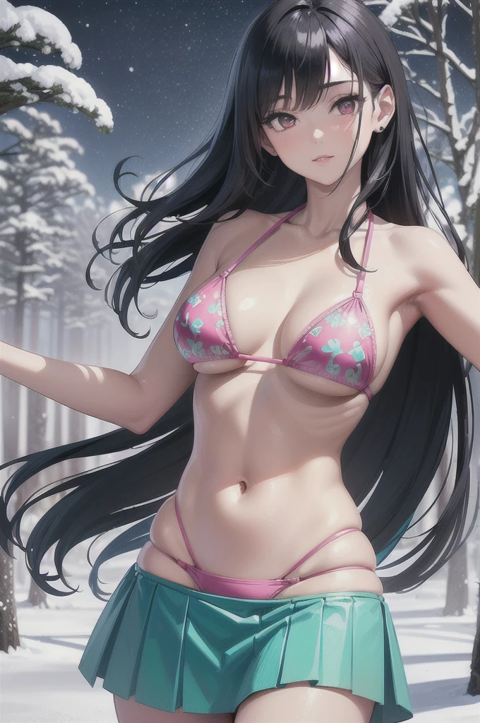 rave girl,1 girl,((extremely cute and beautiful black haired girl)),(breasts big:1.4),(Asian girl),((((Black hair with turquoise highlights:1.35,slickedback hair,long hair:1.4,colored inner hair,ear breathing)))),(((Pink_eyeballs:1.3))),intricate eyeballs,beautiful detailed eyeballs,symmetrical eyeballs,((fatter)),((((shining skin:1.5,skin tanned,shining skin:1.5,skin tanned,shining skin,very shining skin,shinny body)))),(spider lower abdomen,inflated legs,body detailed,(face detailed)),
cute,slutty,seducer,Erotic,(nsfw),
zetai ryouiki,revealing clothing,show the skin,((rave print rave bikini,((rave mini skirt)),visible thong straps)),((underwear strap)),(wearing a rave dance outfit:1.3,rave dance clothes,semi-nude,with little clothes),((intricate outfit,intricate clothes)),
(dynamic pose:1.0),embarrased,(centred,scale to fit dimensions,rule of thirds),
((snowy pine forest at night)), with dark and stormy clouds,winter,scenario:1.25,((snow forest background)),Christmas tree,
high resolution,sharp focus,(ultra detaild,extremely detaild),(photorealistic art:1.37),(extremely detaild CG unity 8k wallpaper),(((swirly vibrant colors,vibrant theme))),(intricate),(work of art),(best qualityer),