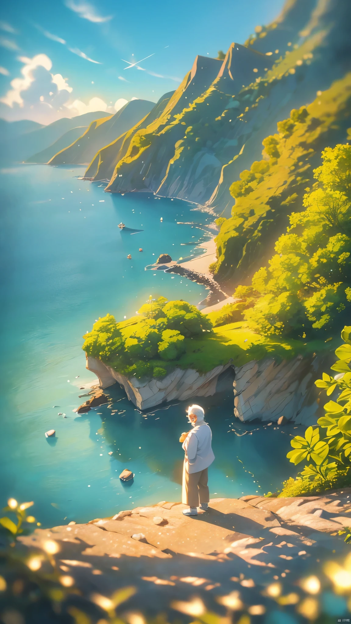 Create a high-quality anime-style image featuring an elderly man standing on a rocky cliff by the sea. The man has white hair, a beard, and is wearing round glasses. He is dressed in a white shirt, beige pants rolled up at the ankles, and white sneakers. His posture is relaxed, with his hands in his pockets, gazing thoughtfully into the distance.

The background consists of a clear blue sky filled with fluffy, white clouds. Below the cliff, there is a calm sea with boats and a small coastal village nestled at the foot of green, mountainous terrain. The scene captures a peaceful, reflective moment, with vibrant colors and detailed shading to emphasize the tranquil and contemplative atmosphere.