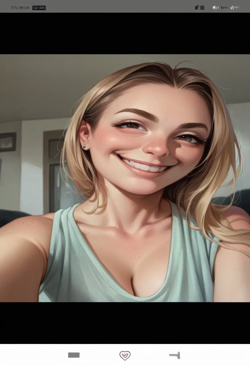((Best Quality, exceptional quality)), ((better skin texture, top quality materials)), (upper body point of view), Girlfriend life simulator, Smiling girlfriend giving me a look like she&#39;s getting horny because I kissed the spot on her neck that turns her on, "kiss my neck again", dirty blonde hair, green eyes, blushing with excitement