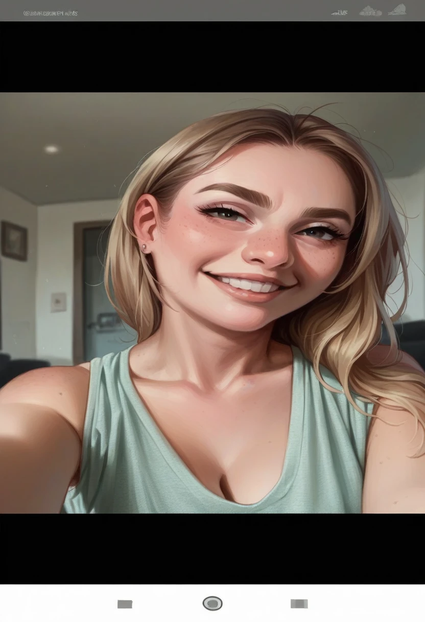 ((Best Quality, exceptional quality)), ((better skin texture, top quality materials)), (upper body point of view), Girlfriend life simulator, Smiling girlfriend giving me a look like she's getting horny because I kissed the spot on her neck that turns her on, "kiss my neck again", dirty blonde hair, green eyes, blushing with excitement