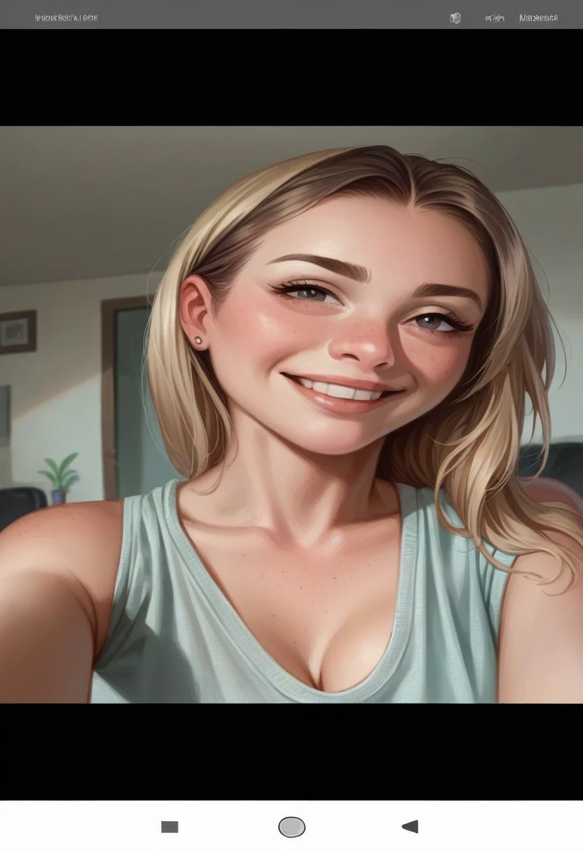 ((Best Quality, exceptional quality)), ((better skin texture, top quality materials)), (upper body point of view), Girlfriend life simulator, Smiling girlfriend giving me a look like she's getting horny because I kissed the spot on her neck that turns her on, "kiss my neck again", dirty blonde hair, green eyes, blushing with excitement