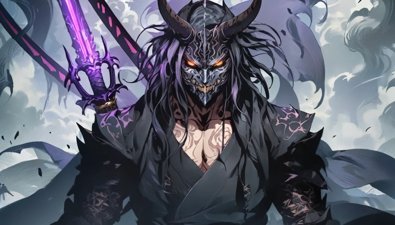 demon mask, sword on the hand,close up, black heavy detailed clothes, hand katana, art, dark and malevolent, hand sword, armor, powerful and intimidating, (masterpiece, best quality, ultra-detailed, best shadow), (detailed background, dark fantasy) dramatic light, intricate details, dark and malevolent, powerful and intimidating, Dark and foreboding, malevolent force, sinister and chilling, armor, high detailed background, girl in demon slayer art, demon slayer art style, epic anime art, God death