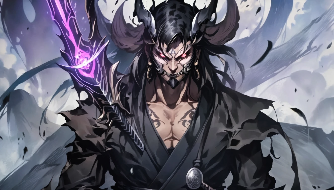 demon mask, sword on the hand,close up, black heavy detailed clothes, hand katana, art, dark and malevolent, hand sword, armor, powerful and intimidating, (masterpiece, best quality, ultra-detailed, best shadow), (detailed background, dark fantasy) dramatic light, intricate details, dark and malevolent, powerful and intimidating, Dark and foreboding, malevolent force, sinister and chilling, armor, high detailed background, girl in demon slayer art, demon slayer art style, epic anime art, God death