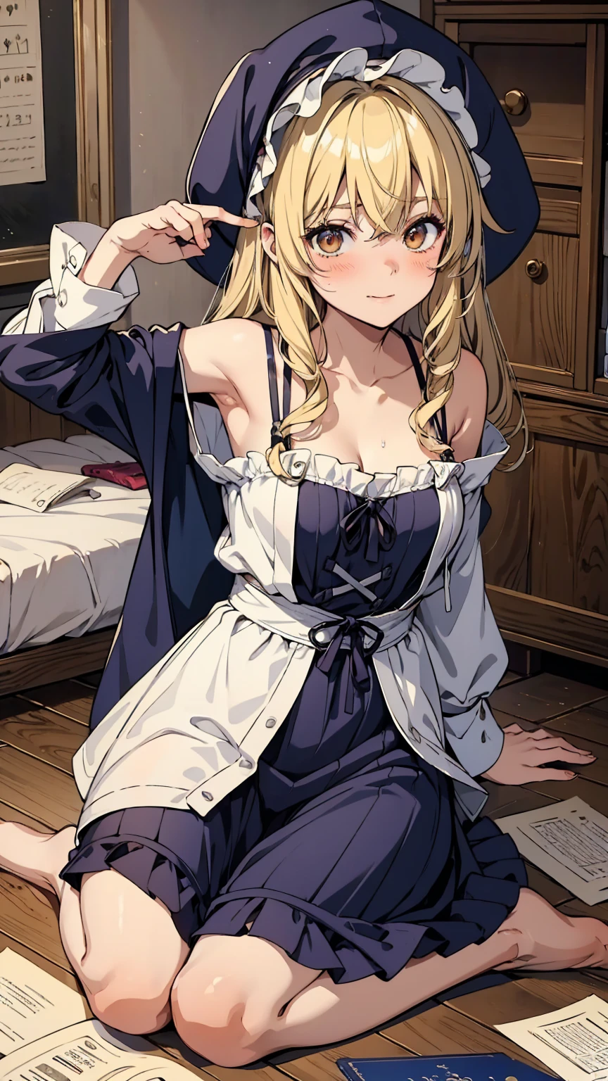 Marisa Kirisame、Messy room、Cute Woman、Blonde、Wizard、Marisa&#39;s Hat、Very thick thighs、Grinning、smile、Sloppy body、Best image quality、High resolution、masterpiece、super high quality、Thick pubic hair、Orgasm Facial、Stripes々Panties、Stripes々bra、Very big ass、Very large breasts  、Blushing、4K quality、Blushing、Spread your legs wide、Luxurious chair、Wearing black knee socks、Sweaty all over、Heavy breathing、Shaking breasts、上下にShaking breasts、Angle from the feet