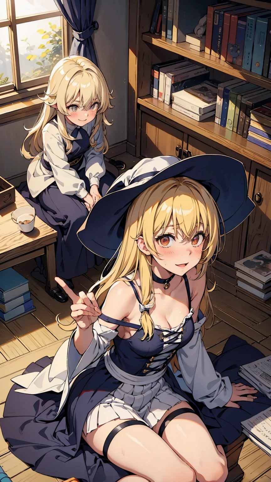 Marisa Kirisame、Messy room、Cute Woman、Blonde、Wizard、Marisa&#39;s Hat、Very thick thighs、Grinning、smile、Sloppy body、Best image quality、High resolution、masterpiece、super high quality、Thick pubic hair、Orgasm Facial、Stripes々Panties、Stripes々bra、Very big ass、Very large breasts  、Blushing、4K quality、Blushing、Spread your legs wide、Luxurious chair、Wearing black knee socks、Sweaty all over、Heavy breathing、Shaking breasts、上下にShaking breasts、Angle from the feet