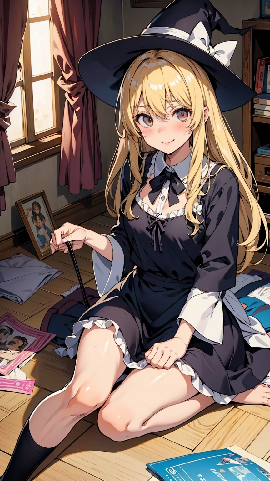 Marisa Kirisame、Messy room、Cute Woman、Blonde、Wizard、Marisa&#39;s Hat、Very thick thighs、Grinning、smile、Sloppy body、Best image quality、High resolution、masterpiece、super high quality、Thick pubic hair、Orgasm Facial、Stripes々Panties、Stripes々bra、Very big ass、Very large breasts  、Blushing、4K quality、Blushing、Spread your legs wide、Luxurious chair、Wearing black knee socks、Sweaty all over、Heavy breathing、Shaking breasts、上下にShaking breasts、Angle from the feet