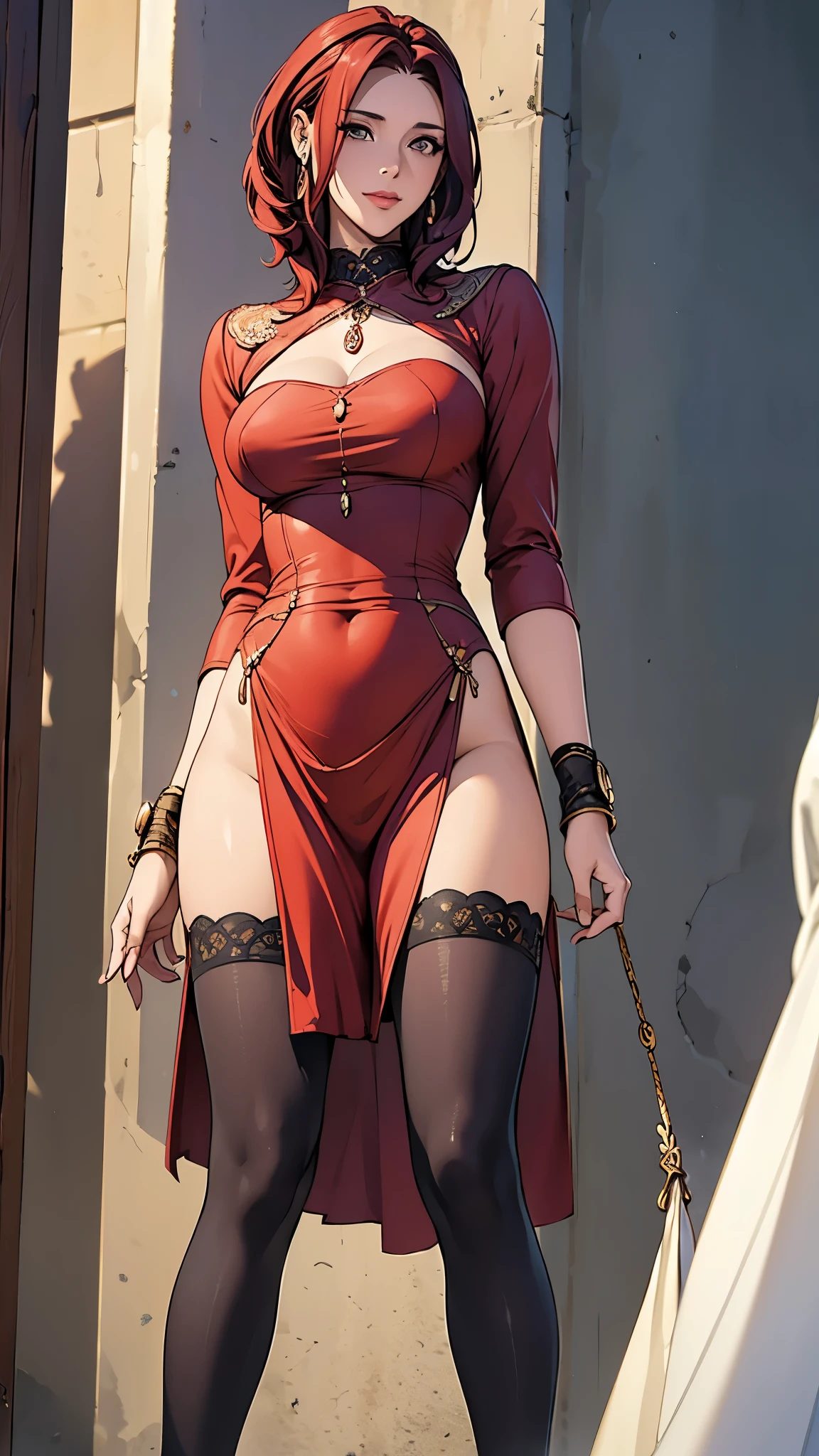 Best quality, 4k, high resolution, body stuck dress, perfect smile, gorgeous, light skin, (Malt S melromarc),red hair, wearing bodycorn dress,
Long sheeves, stuck in body, bodyfit outfit,
1 girl, short hair (malt''s haristyle), solo, seductive look, elegance and charm, (masterpiece, best quality, high resolution), looking at the viewer, standing, (intricate and beautiful:1.2), (detailed light:1.2), (soft light, side light), (high resolution textures) , holding leash in hand(chain leash), outdoor, Burmese girl,wearing bodycorn dress(red colour), wearing gorgeous jewelary, wearing high heels, wearing harness over the outfit ,outdoor background, sun light, attractive, sexy, mature and hot, milf,(masterpiece:1.3), (disorganized:1.3), (highest quality:1.3),perfect anatomy,detailed face, horizontal angle,hands,looking at viewer, (Super detailed:1.3),(best shadow:0.7), (treated hair),fine eyes, beautiful eyes, 1 middle aged woman, alone, standing, crystal earrings,closed_mouth, arm_behind_return, (Army uniform,tie), rest outdoors,
Thick thighs, thick ass, big ,arrogant face,