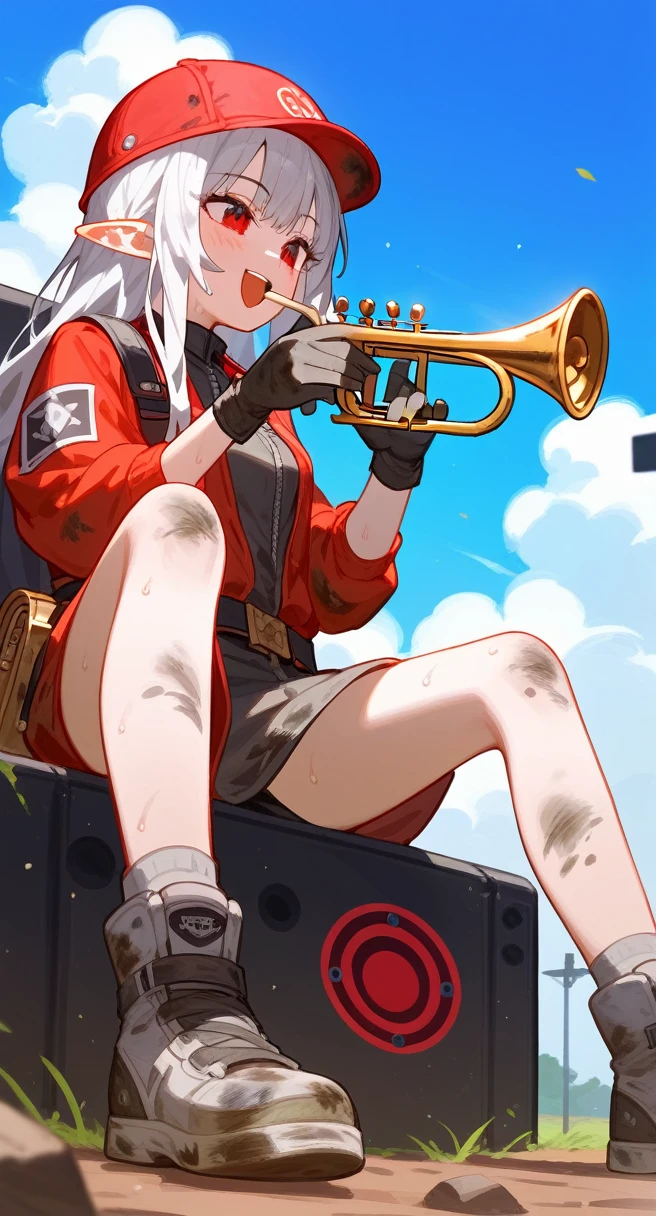 Fraction_9,Fraction_8_Direction_7_up,1 Girl,Mudstone (Ark of Tomorrow),dirty,foot,Gloves,helmet,trumpet,Sole,Red Eyes,赤foot,Pointed ears,breast,Solitary,Long hair,White hair,black Gloves,foot趾,cap,foot部焦点,Looking at the audience,sit,Sweat,Open your mouth,dirty foot,Keep,outdoor,sky空,Bangs,Oral disease damage (Ark of Tomorrow),sky,Smile,blush,demon trumpet,Infection monitors (Ark of Tomorrow),shorten,sun,