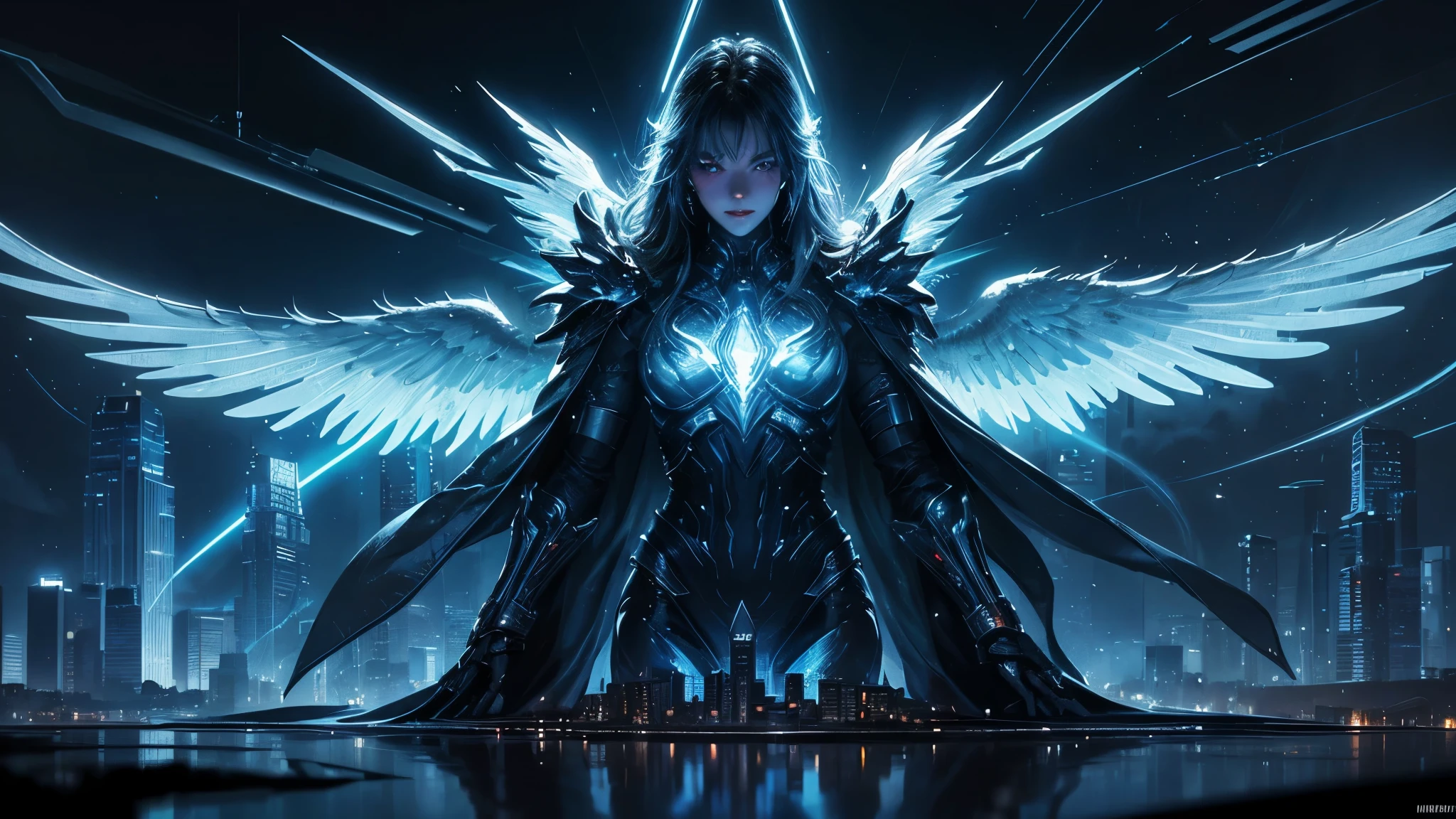 ((masterpiece, Highest quality, Best image quality, High resolution、４ｋ)) An angel in the center of the screen、Glowing white wings、Glowing halo、Cyberface。Wearing a flowing ethereal robe、god々Shining with a bright light。Glowing blue eyes and advanced cybernetic enhancements. Seen in dynamic action poses, reflection on a smooth surface. The cityscape below is filled with towering skyscrapers., illuminated by colorful holographic advertisements, Shining with blue energy, Mighty power. The overall atmosphere is dark and mysterious., It had a futuristic techno vibe.. The lighting is dramatic, Intense highlights and deep shadows, Creates depth and tension