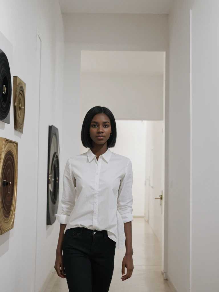 her name is Jamila, high quality, 1girl, ((20-year-old fit black woman)), ((25 years old)), ((slim)), short bob, pose: standing, wearing stylish fashionable Generation-Z modern wear different colored, BACKGROUND: Amongst stark white walls adorned with avant-garde paintings and sculptures, a curator discusses the conceptual depths of a controversial installation, sparking debates among viewers.