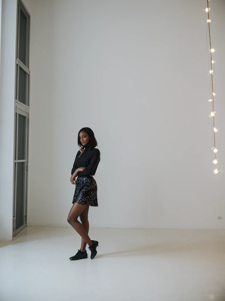 her name is Jamila, high quality, 1girl, ((20-year-old fit black woman)), ((25 years old)), ((slim)), short bob, pose: standing, wearing stylish fashionable Generation-Z modern wear different colored, BACKGROUND: Amongst stark white walls adorned with avant-garde paintings and sculptures, a curator discusses the conceptual depths of a controversial installation, sparking debates among viewers.