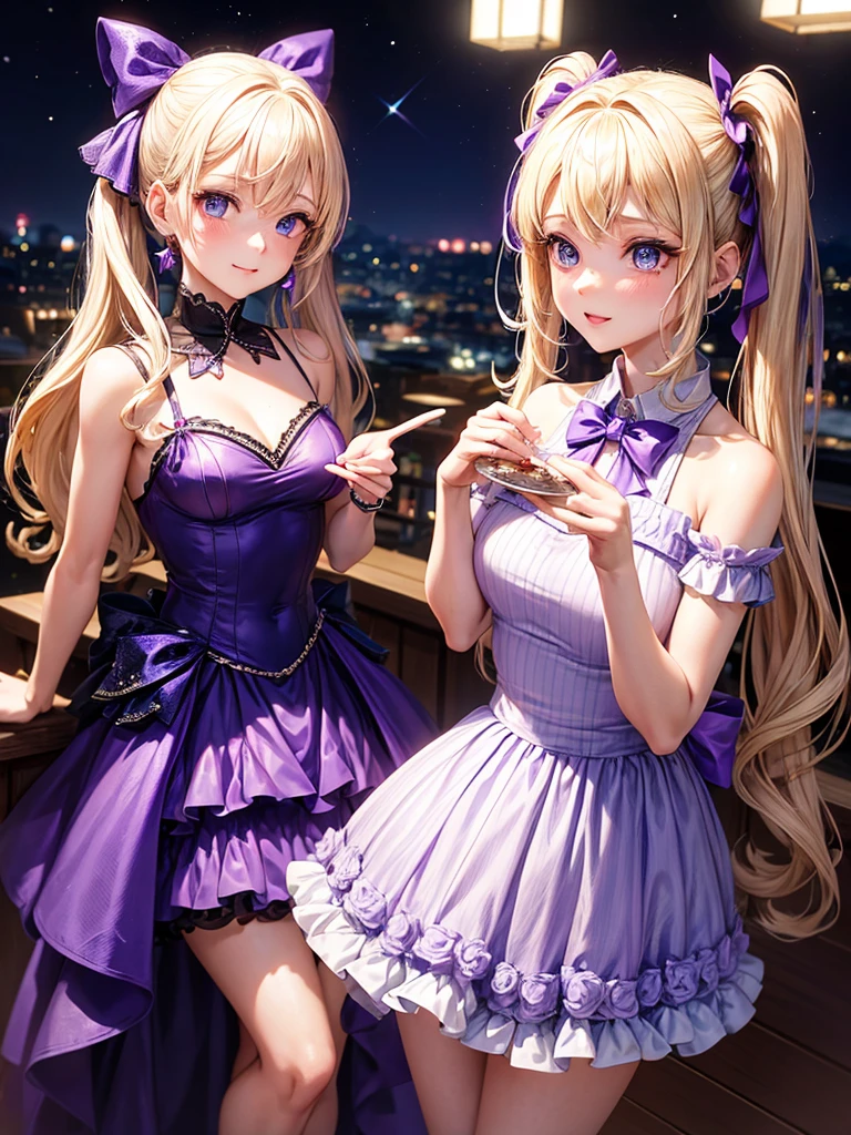 an adult woman, blonde with two pigtails with a purple bow each, purple dress with sparkles and diamonds, short and gala, with an opening in its pirrna, she has blue eyes, is at a late night dinner in a wealthy place