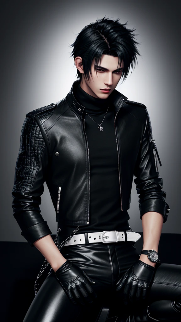 Final fantasy taste and reality graphics, Japanese young cute and cool ikemen  boy, his age is early 20s, thin eyebrows and beady eyes,  he wearing off black color leather thick singlebrest biker jacket, with epaulet,  must close the front of the leather jacket, jacket is biker style, jacket is voluminous, , jacket collar is high length stand-up collar with belts, jacket is a little black line pattern,close the front of the jacket, also wearing black thick turtleneck lackluster shirts,  tight black leather pants, shiny black leather tight and thin glove, black leather knee-high raceup boots,must views  head-to-toe,must views whole body, boy looks like fashion model,Do not show skin from the neck down,leather jacket leather glove and leather pants have few wrinkles,boy in the room,