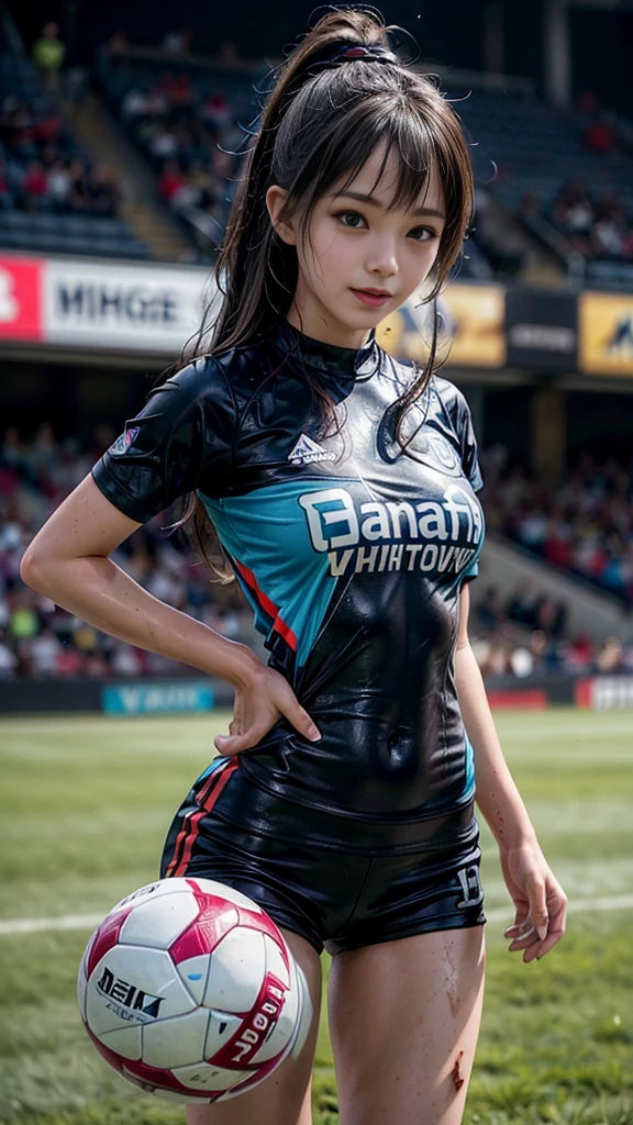 Highest quality, High resolution:1.2, Very detailed, Realistic:1.3, ((Beautiful woman))、((Super tight uniform))、((Super big breasts))、(The abdomen is visible)、Vibrant colors, play soccer,((Blunt bangs))、Various Hair Styles、Different hair colors、With bangs、Wet Hair, concentrate, splash, Action Shots, Grass blotches, Muddy ground, Wet turf, decide, Fast-paced games, Athletic physique, Shiny soccer ball, Wet Uniform, raindrop, Blurred motion, ボールにconcentrateする, Intense competition, Skillful dribbling, Energetic play, Teamwork, powerful shoots, Wet pitch, Passionate sports, Fierce decide, Humid atmosphere, Fluid movement, emotional expression、Dramatic lighting, Women's Sports, Avid athletes, Exciting Games, Endure, Excited state, Speed and agility, Energetic play, 濡れたsplash、smile、Red Uniform