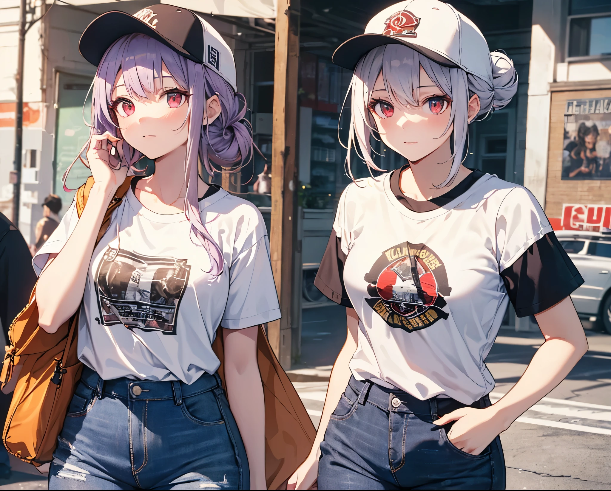 (Close-up:1.3),Realistic,Highest quality, Super detailed, High-quality CG rendering, The most delicate and beautiful, Floating softly, High resolution, (1 girl), (Highest quality,4K,8K,masterpiece:1.2), Light purple hair,(Hair in a bun:1.5),Red eyes,(Pure white oversized short sleeve T-shirt:1.3),(Black skinny jeans:1.3),(Pure white baseball cap:1.3),In the city,old buildings,