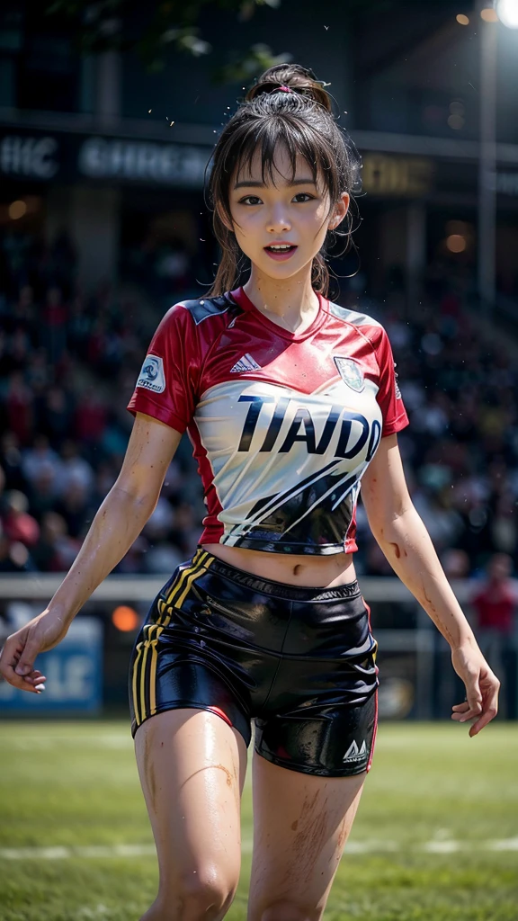 Highest quality, High resolution:1.2, Very detailed, Realistic:1.3, ((Beautiful woman))、((Super tight uniform))、((Super big breasts))、(The abdomen is visible)、Vibrant colors, play soccer,((Blunt bangs))、Various Hair Styles、Different hair colors、With bangs、Wet Hair, concentrate, splash, Action Shots, Grass blotches, Muddy ground, Wet turf, decide, Fast-paced games, Athletic physique, Shiny soccer ball, Wet Uniform, raindrop, Blurred motion, ボールにconcentrateする, Intense competition, Skillful dribbling, Energetic play, Teamwork, powerful shoots, Wet pitch, Passionate sports, Fierce decide, Humid atmosphere, Fluid movement, emotional expression、Dramatic lighting, Women's Sports, Avid athletes, Exciting Games, Endure, Excited state, Speed and agility, Energetic play, 濡れたsplash、smile、Red Uniform