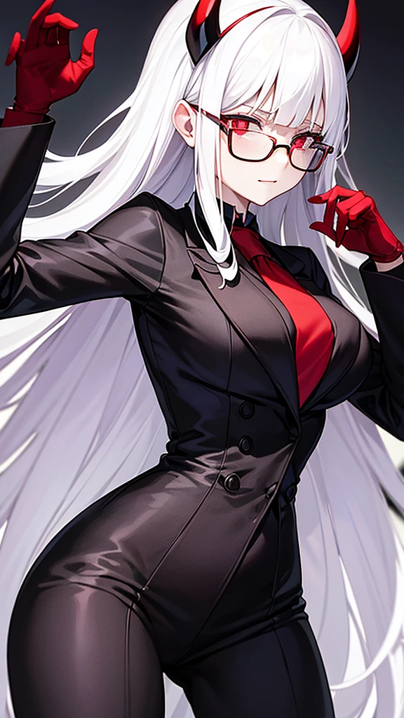 Justice Helltaker: An adult female demon, blind, with black glasses, with red gloves, with small horns, red bow in her hair, white hair, with a red blouse, black tie, black coat, large breasts, and very sexy