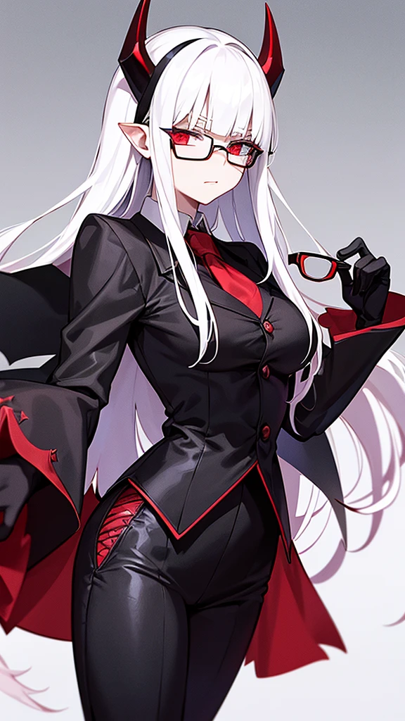 Justice Helltaker: An adult female demon, blind, with black glasses, with red gloves, with small horns, red bow in her hair, white hair, with a red blouse, black tie, black coat, large breasts, and very sexy