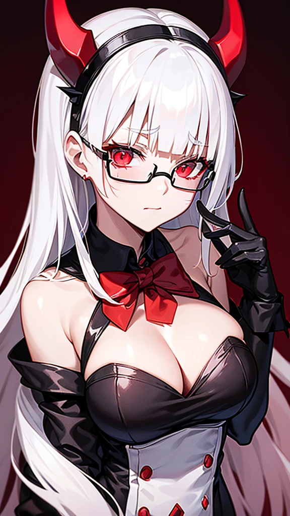 Justice Helltaker: An adult female demon, blind, with black glasses, with red gloves, with small horns, red bow in her hair, white hair, with a red blouse, black tie, black coat, large breasts, and very sexy