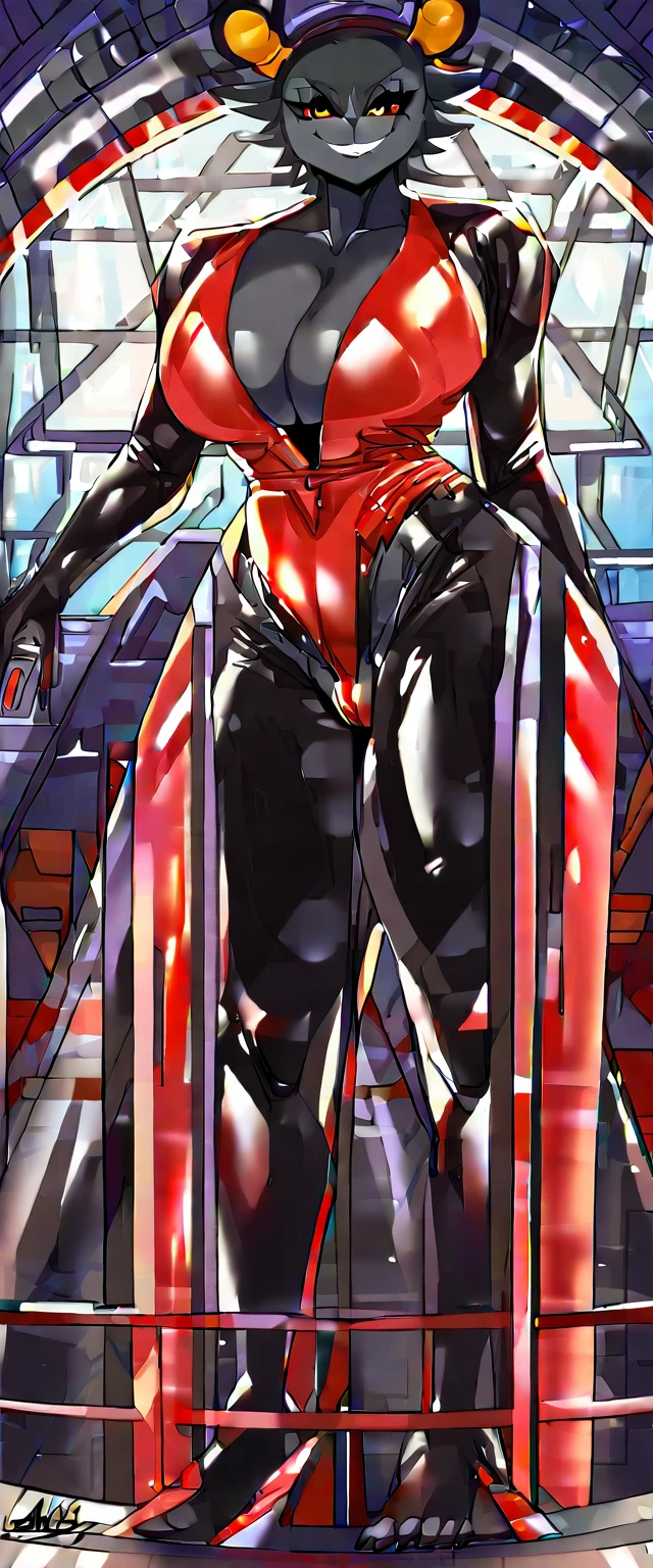 (((highly detailed, high quality, masterpiece, beautiful))), (((full shot))), (((full body view))), (((back side body))), (((three quarters view))), (((by carsen, by JMG))), solo, (((mature female))), (((mommy female))), (((athletic female))), (((taller female))), (((large body))), (((voluptuous body))), sensual body, curvy figure, curvaceous, absurd res, hi res, Candid, canine, canis, wolf, mammal, (((black body))), black fur, red inner ear, (((black sclera))), red eyes, black eyebrowns, black nose, black claws, wolf ear, long Ears, narrow eye, thick eyebrowns, (((raised inner brow and brow lowed eyebrown))), eyelashes, eyeliner, Big nose, (long snout), (((thick bottom lip))), (((Tuft cheeks))), (((facial tuft, long cheeks))), (long mane), (((fluffy mane))), (((large breasts))), (((large back))), humanoid feet, humanoid hands, 5 fingers, 5 toes, claws, (((busty))), (((long tail))), fluffy tail, wide hips, (((large hips))), (((Big ass))), (((large ass))), (((bubble ass))), (((soft ass))), (((thick thighs))), huge thighs, (((large thighs))), (((large legs))), standing, plantigrade, cameltoes, soles, (((feet detail))), signature, (((horny face))), smile, (((looking at viewer))), (((red very highleg one piece swimsuit latex))), (((cleavage))), in a spaceship next to a large window space