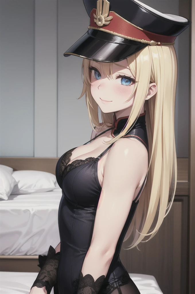 1 45 year old woman,breasts big,hotel bedroom,(8K),scratches,face detailed,hair blonde,blue colored eyes,long hair,embarrased,blush,small smiling, Cao Cao_resolution, Cao Cao_definition,pose sexy,black sexy lingerie,whole body,military hat,