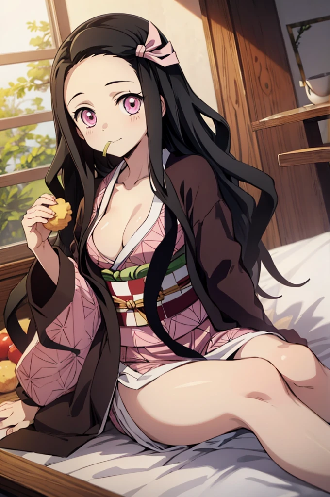 (masterpiece:1.3), (best quality:1.1), (8k, ultra detailed, ultra high res:1.2), ((anime style)), perfect 5 fingers, perfect anatomy, 
1girl,
Kamado Nezuko, 
BREAK long hair, wavy hair,  forehead, 
black hair, 
pink eyes, empty eyes, 
ribbon, 
small breasts,   
BREAK japanese clothes, pink kimono, brown haori, obi, 
smile, 
looking at viewer, 
BREAK upper body, (eating cream puff:1.1), sitting, wariza,
perfect light, indoor, inside, Japanese-style Room, 