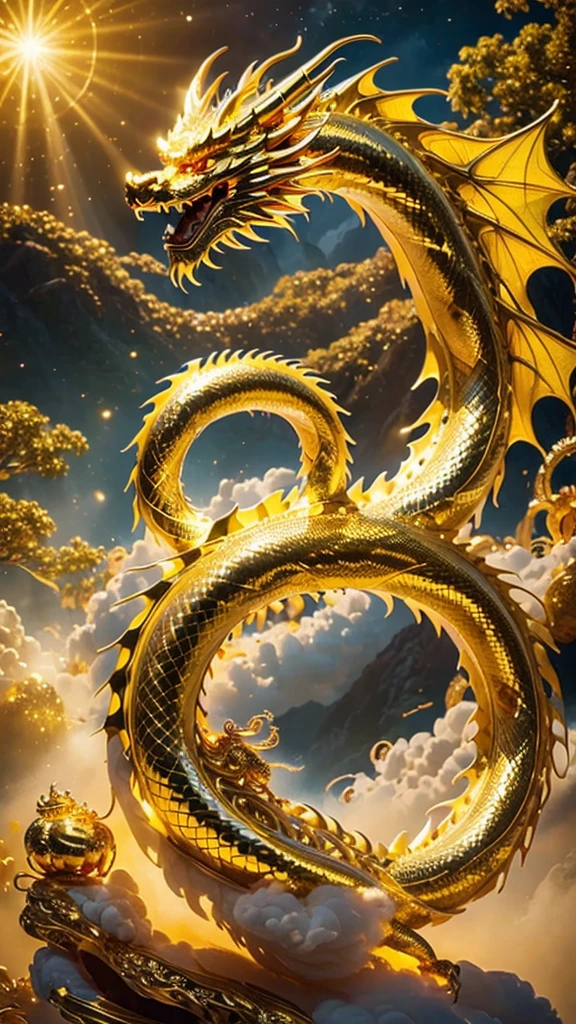 １body、Chinese style dragon、Golden Dragon God illustration。Long as a snake、Heading Up、Thang Long、Clear sky、In the sea of clouds、spiritual、Spirit、Chakra、Fantasy