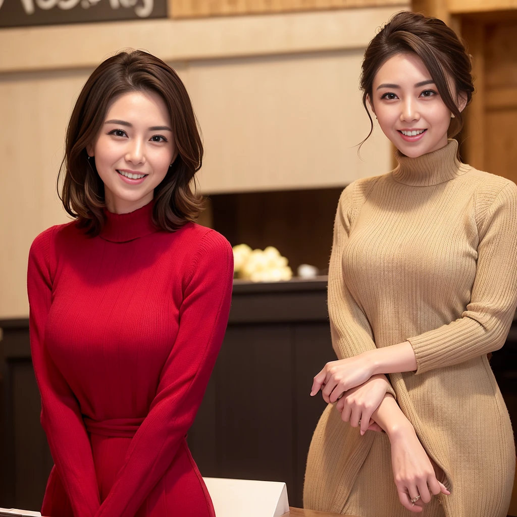 ((highest quality, 8k, masterpiece:1.3)), Lower body, sharp focus:1.2, Beautiful hijab woman with perfect figure:1.4, slender abs:1.1, The background is a convenience store counter, ((shortcut, big breasts:1.2)), (wearing a fluffy red sweater dress, big breasts, slim and toned waist, Soft big buttocks, laughing:1.2), Highly detailed face and skin texture, detailed eyes, double eyelid, 25 year old woman, mature woman, laughing