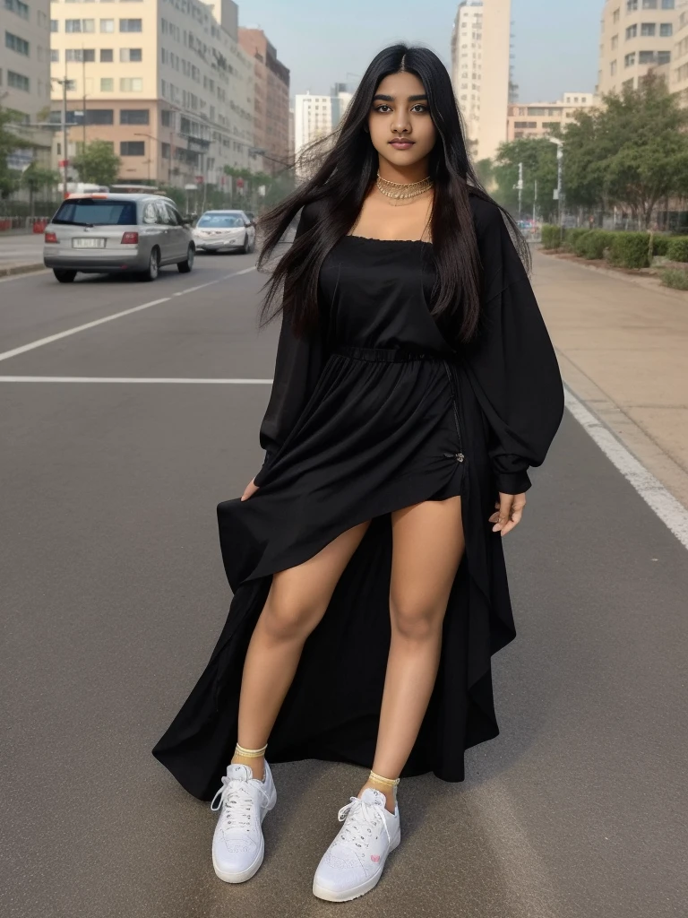 beautiful and charming 18-year-old Indian age girl from a big city. She is an Instagram model with long black hair featuring colorful highlights. She is stylish, loves to dance, and often wears a vibrant dress and sneakers."