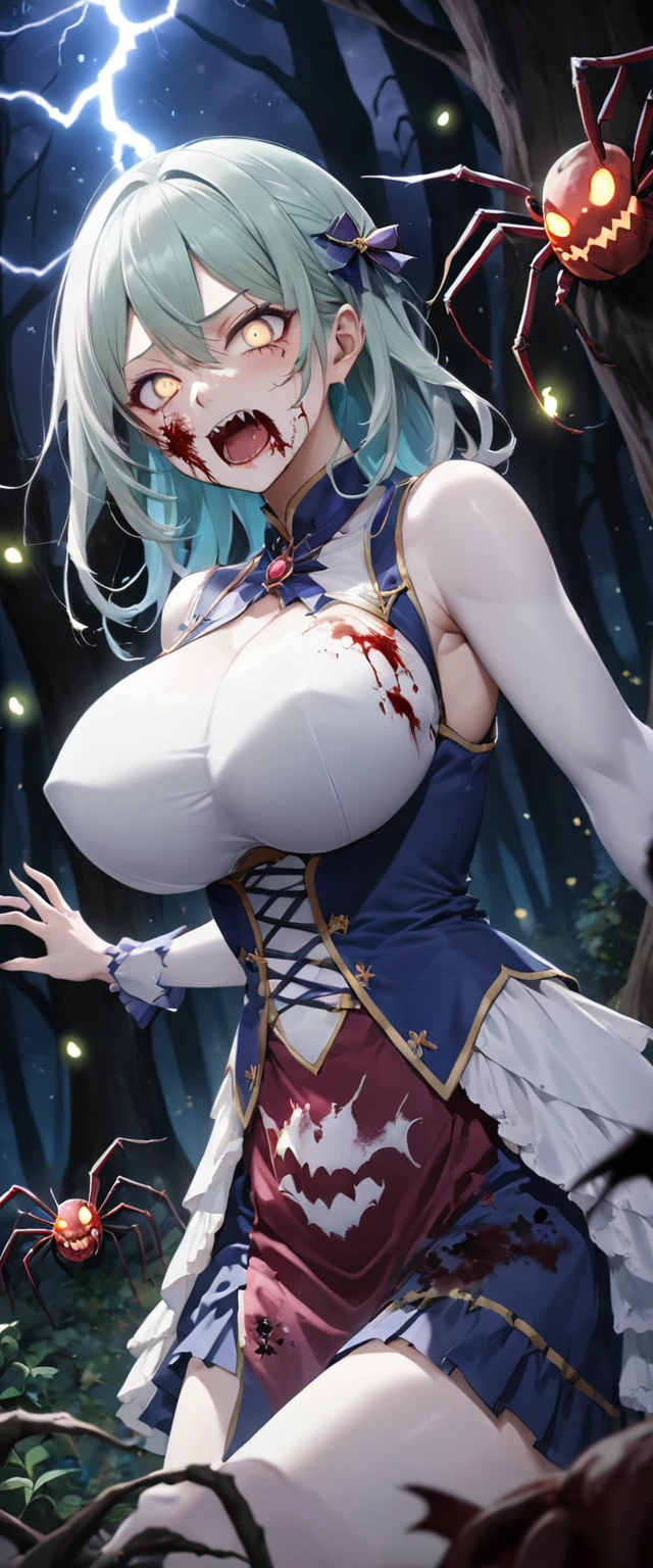 Highest quality, Super quality, 16K, Incredibly absurd, Very detailed, 2.5D, delicate and dynamic, Dark Forest, spooky night, Small faint lights and flying fireflies, night, lightning, devil, bat, Poisonous spiders, , Small face, Extremely delicate facial expression, Delicate eye depiction, Upper body close-up, erotic, 一人のzombieと1Book Tree, sole sexy zombie lady, healthy shaped body, 22 years old lady, zombie, 170cm tall, huge firm bouncing busts, 中国風zombie, 複雑な構造のzombieの衣装, Bloody Face, anger, fight, spooky big tree with mage face
