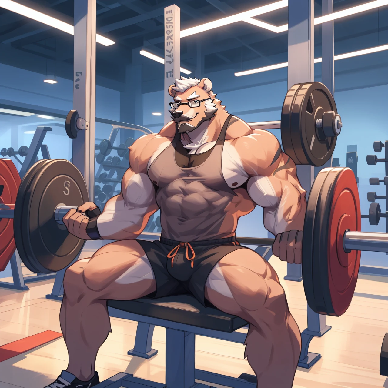 solo, 1boy, Huge Muscular Old Grizzly Bear wearing glasses , pectoral, huge pectoral, wide pectoral, short white hair, short pants, black wristbands and black tank top , bearded, Mustache, simple background, masterpiece, high detailed, 8k, high resolution, at the gym, bench press 