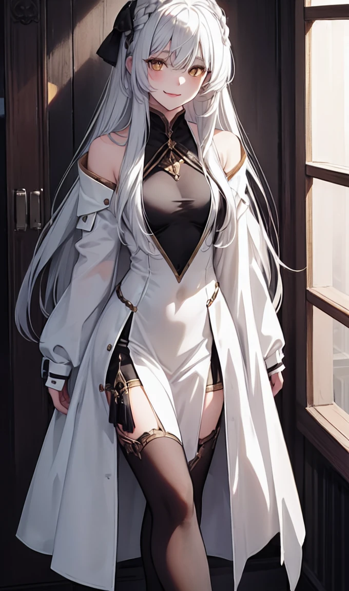 1girl, full body, solo,lips, female focus, yellow eyes, looking at viewer, white hair, long hair, closed mouth, smile