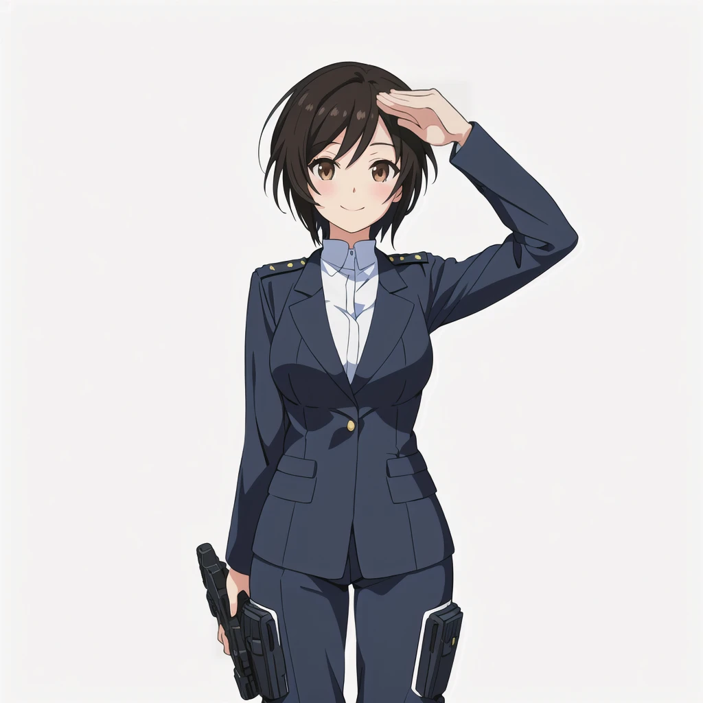 Highest quality, high resolution, High quality anime art style, Official Art, Smooth anime CG art, Stylized anime, Visual Novel Sprites, White background, whole body, Anime-style 3D, Smooth anime CG art, humanoid woman, JRPG Characters, policewoman, Policewoman, Anime woman in police uniform, Saluting with left hand, smile, Brown eyes, Black Hair, short hair, Age 25,