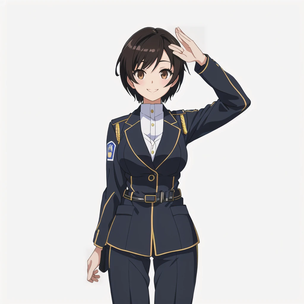 Highest quality, high resolution, High quality anime art style, Official Art, Smooth anime CG art, Stylized anime, Visual Novel Sprites, White background, whole body, Anime-style 3D, Smooth anime CG art, humanoid woman, JRPG Characters, policewoman, Policewoman, Anime woman in police uniform, Saluting with left hand, smile, Brown eyes, Black Hair, short hair, Age 25,