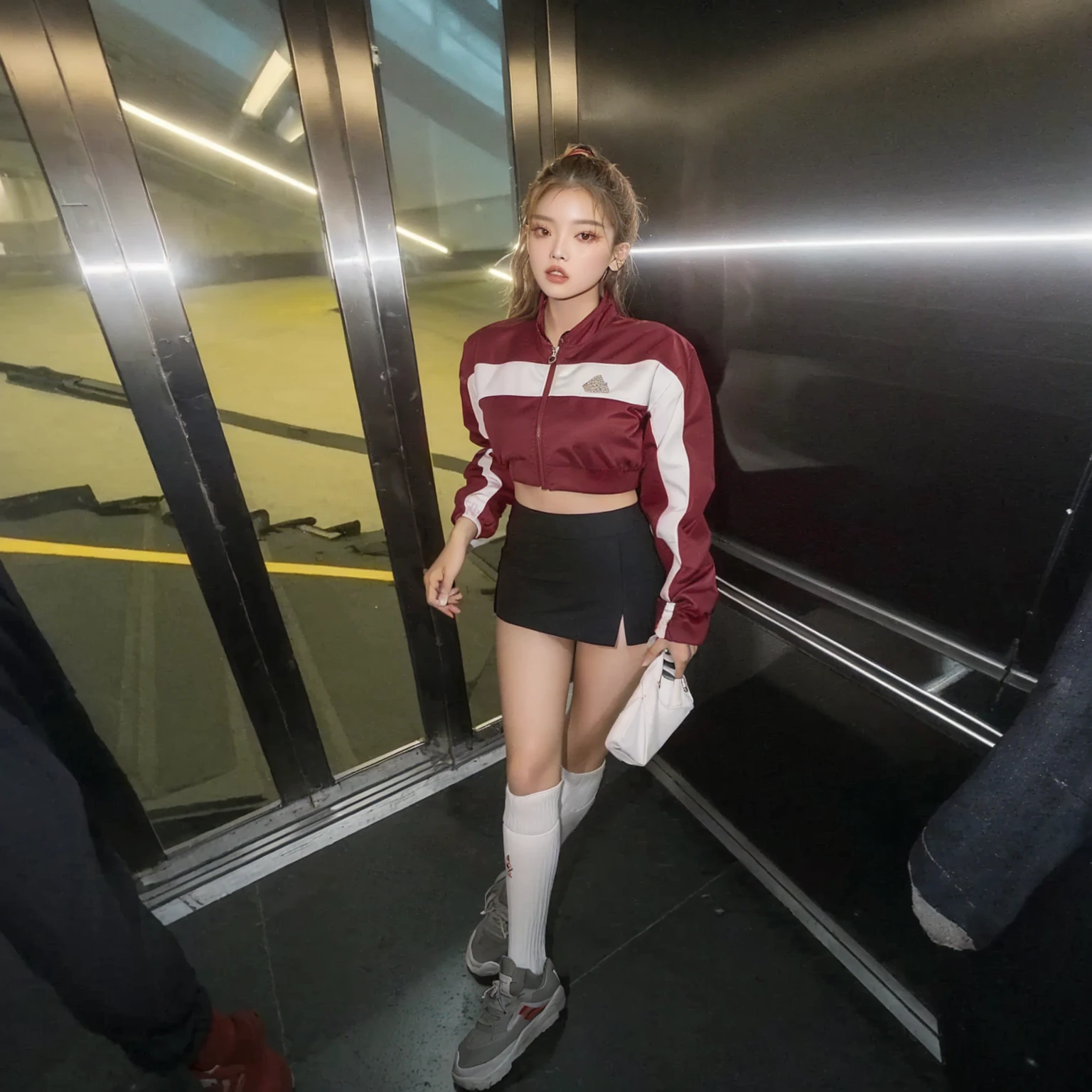 Araffada woman wearing a red and white jacket and black shorts., She wears street clothes, wearing crop top and mini skirt, looks like a mixture of dirt, she looks like a mixture of dirt, park roseanne de blackpink, tight suit, taken in 2 0 2 0, wearing skirt and high socks, wearing simple, tight clothing, shaxi, y2k style