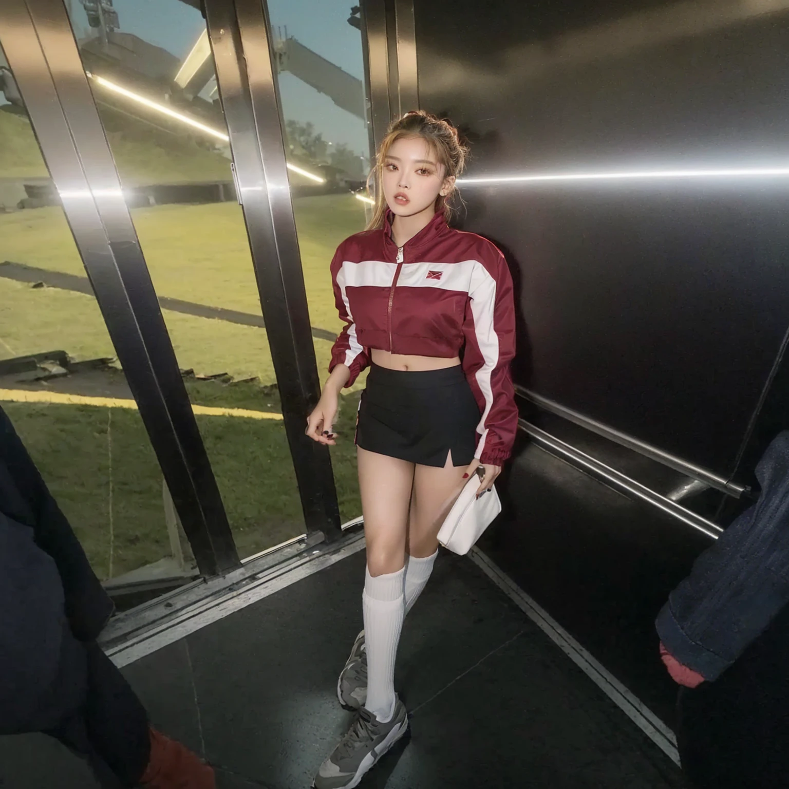 Araffada woman wearing a red and white jacket and black shorts., She wears street clothes, wearing crop top and mini skirt, looks like a mixture of dirt, she looks like a mixture of dirt, park roseanne de blackpink, tight suit, taken in 2 0 2 0, wearing skirt and high socks, wearing simple, tight clothing, shaxi, y2k style