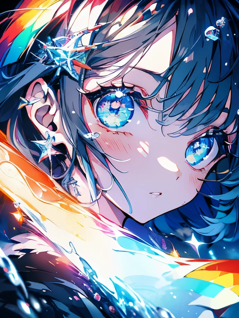 masterpiece、girl、Rainbow colorsの髪、Sparkling eyes、Serious face、Shining Background、Starry Ski、Rainbow colors、Ocean
