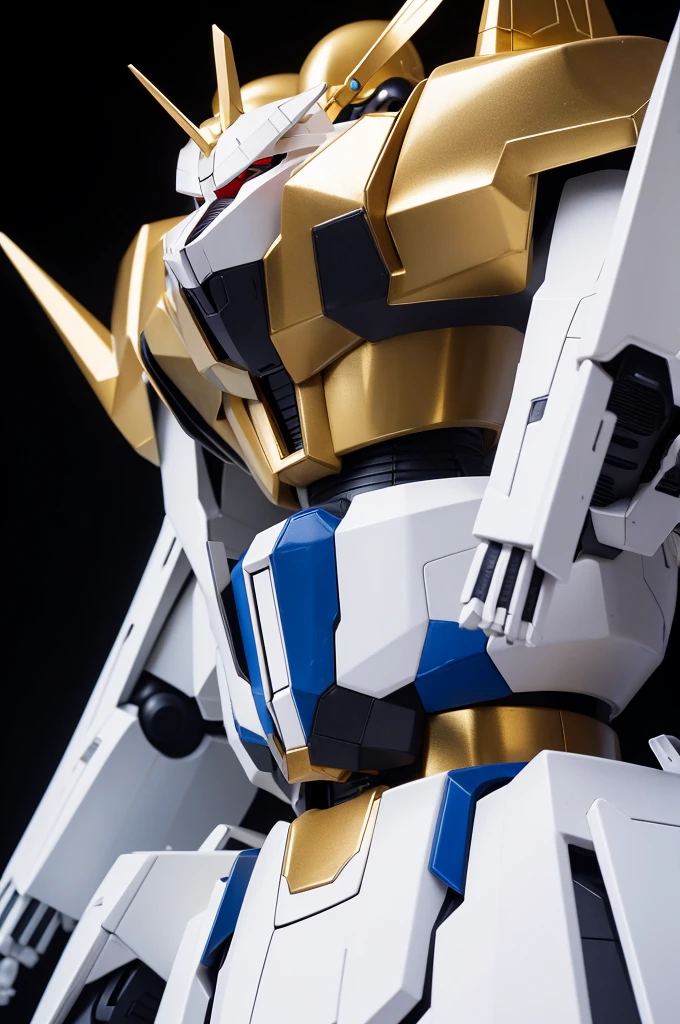 Please make a knight-like Gundam-style robot using white and gold.