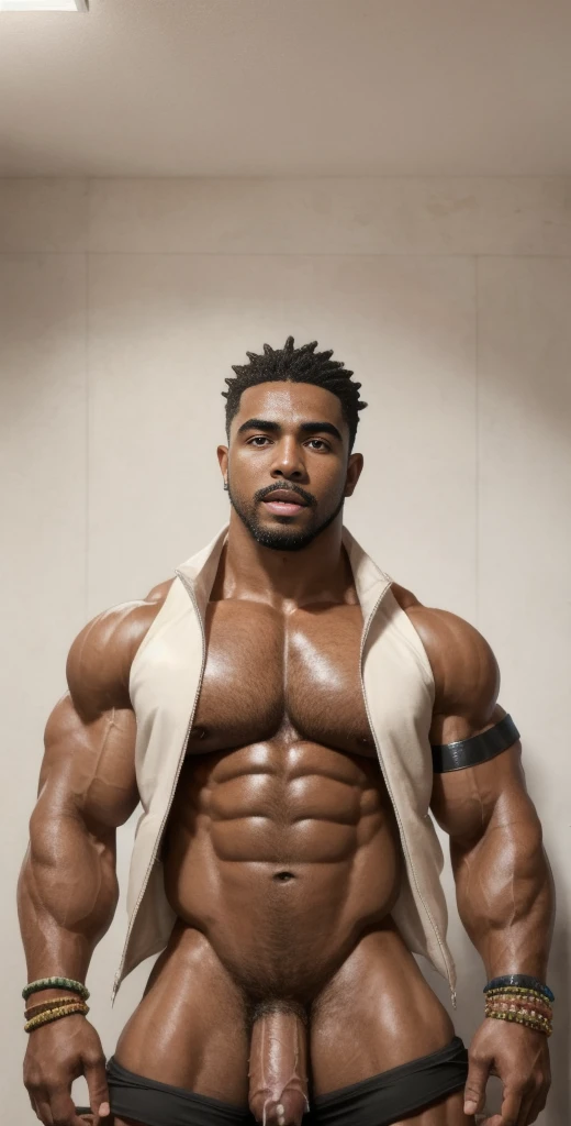 (masterpiece, intricately detailed, highest resolution, best quality:1.2), (doujin), a cocky African American Instagram influencer,a 24 y.o muscle stud with a muscular physique standing up with black eyes,dark-skinned male, wearing a ((open jacket, chav, armbands)), (excessive cum), (cum on body), (cum drip), flaccid penis,saggy balls,hairy chest,vascular,muscle striations,soft light,fantastic realism,