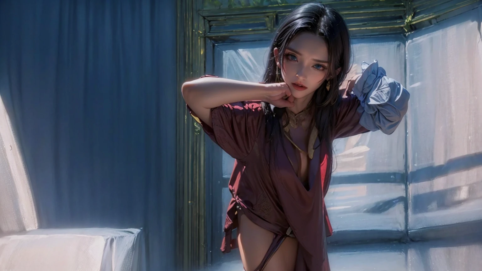 (front focus), (in the dark:1.6), Hyperrealist portrait of female by david hockney and alphonse mucha, fantasy art, photo realistic, dynamic lighting, artstation, poster, volumetric lighting, very detailed faces, 4 k, award winning, 1girl, in the dark, deep shadow, low key, cowboy shot, (official clothing:1.4), long hair, purple hair, green eyes,
