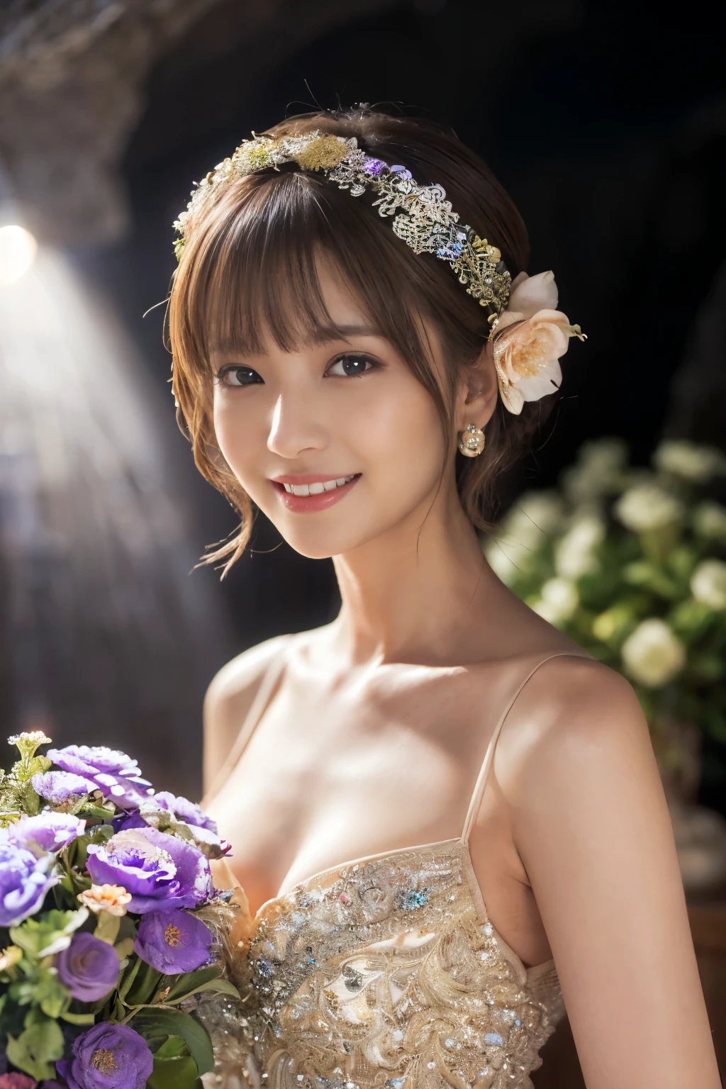 ((Tabletop:1.4, Highest quality)), (Realistic photos:1.4),
((1 Girl)), (Pure actress), (dream-like),
(超High resolution:1.2), Very delicate and beautiful, wonderful, Very detailed CG Unity 8k 壁紙, Very detailed, High resolution,
Soft Light, Beautiful detailed girl, Very detailed目と顔, Beautiful and detailed nose, Beautiful and detailed,
(Wear a gorgeous sparkly dress:1.3),
Cinema Lighting, Perfect Anatomy, Slender body, (Parted bangs),
(A flower garden in a cave:1.3), (Flowers Blooming in the Dark々The brilliance:1.5), (Light and dark emphasis), (wonderful美しさ),
Cowboy Shot, Looking at the audience, (smile)