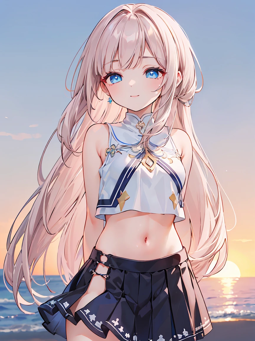 (((Obra maestra, La mejor calidad, ultrahigh resolution))), 1girl, standing, , white office shirt, black pleated skirt, ((light brown hair:0.7)), long hair cut, pale skin, ((blue eyes)), glowing_eyes, neon eyes, (((ultra detailed eyes, beautiful and detailed face, detailed eyes))), ((centered)), smile, ((wide shot)), facing viewer, eye level, (sunset background), flat chested, looking at viewer, ((half closed eyes)), ((perfect hands)), (((head, arms, hips, elbows, in view))), ((hands behind back)), empty eyes, beautiful lighting, outside, outdoors, background, defined subject, (massive hot sun), 25 years old