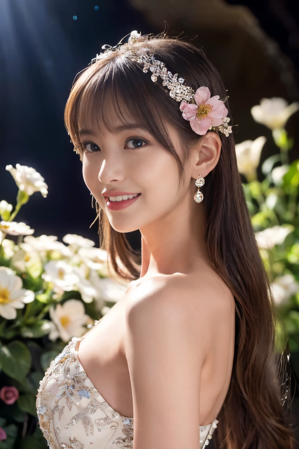 ((Tabletop:1.4, Highest quality)), (Realistic photos:1.4), 
((1 Girl)), (Pure actress), (dream-like),
(超High resolution:1.2), Very delicate and beautiful, wonderful, Very detailed CG Unity 8k 壁紙, Very detailed, High resolution, 
Soft Light, Beautiful detailed girl, Very detailed目と顔, Beautiful and detailed nose, Beautiful and detailed, 
(Wear a gorgeous sparkly dress:1.3), 
Cinema Lighting, Perfect Anatomy, Slender body, (Parted bangs),
(A flower garden in a cave:1.3), (Flowers Blooming in the Dark々The brilliance:1.5), (Light and dark emphasis), (wonderful美しさ),
Cowboy Shot, Looking at the audience, (smile)
